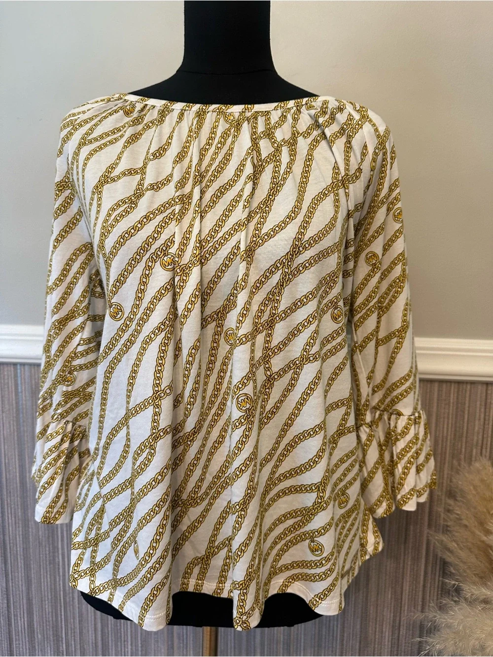 Michael Kors Chain Print Bell Sleeve Top White Gold Modal Blend Size Large